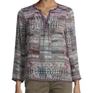 Joie 100% silk Ailana All Over Print Lace Up Blouse Lightweight Sz S